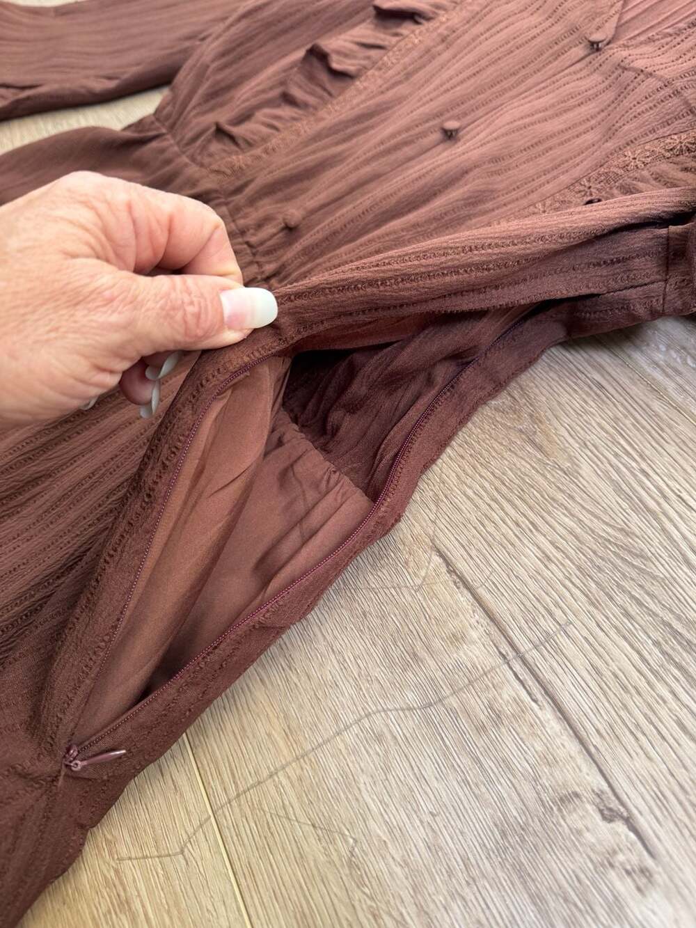 Sweet Salt Brown Midi Dress Womens L Ruffle Long Sleeve Stretch Cottagecore - Picture 6 of 16